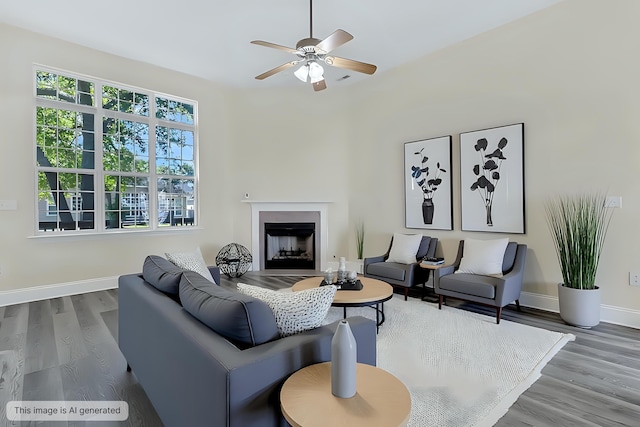 7869 High Maple Cir N, Charleston, SC 29418 - living room featuring ceiling fan, wood finished floors, baseboards, and a fireplace