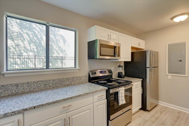 8483 Yadkin Cir Unit D, North Charleston, SC 29406 - kitchen with appliances with stainless steel finishes, light wood-type flooring, white cabinets, and electric panel