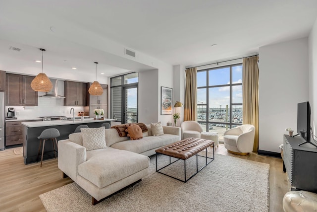 living room featuring sink, a wall of windows, and light hardwood / wood-style floors