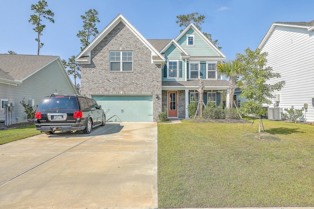 craftsman inspired home with central air condition unit, a garage, and a front yard