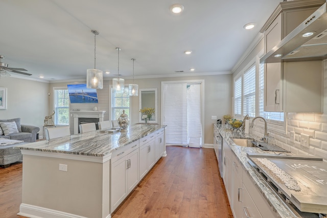 kitchen featuring white cabinets, sink, light hardwood / wood-style floors, a large island, and decorative light fixtures