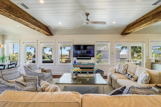 sunroom / solarium with ceiling fan and beamed ceiling