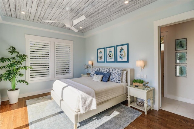 bedroom with hardwood / wood-style floors and wood ceiling