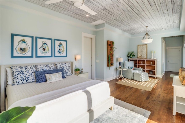 bedroom featuring ceiling fan, wooden ceiling, and dark hardwood / wood-style floors