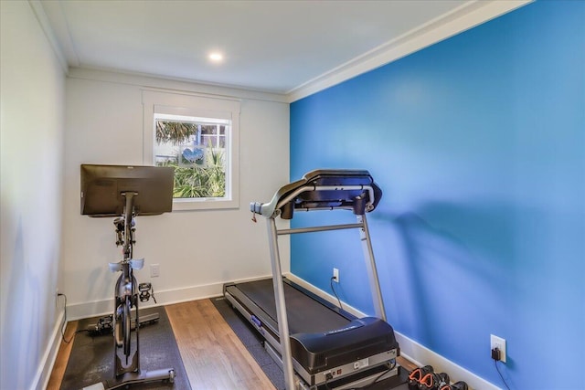 exercise room featuring dark hardwood / wood-style floors and ornamental molding