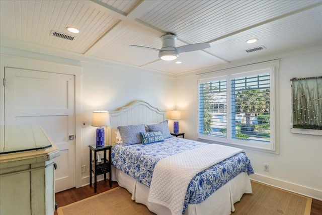 bedroom featuring ceiling fan, hardwood / wood-style flooring, and wood ceiling