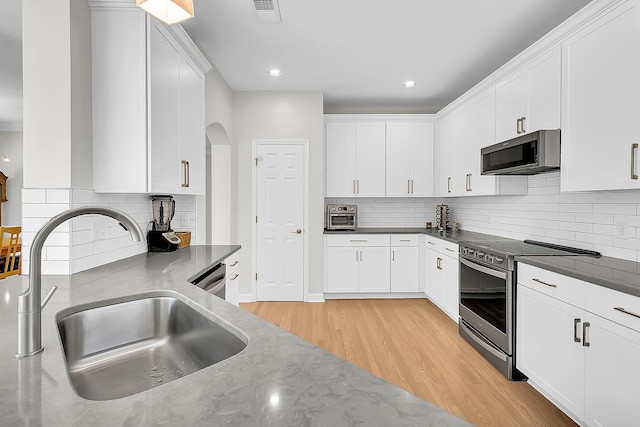 kitchen featuring white cabinets, decorative backsplash, appliances with stainless steel finishes, and sink