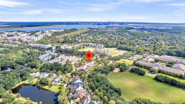 birds eye view of property featuring a water view