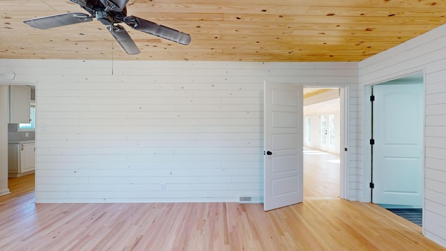 spare room featuring wood ceiling, wood walls, ceiling fan, and light wood-type flooring