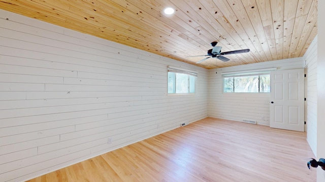 empty room featuring ceiling fan, wooden ceiling, and light wood-type flooring