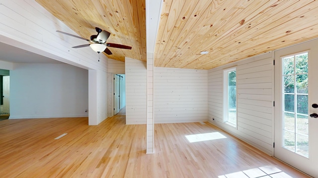 empty room with wood ceiling, wooden walls, light hardwood / wood-style floors, and plenty of natural light