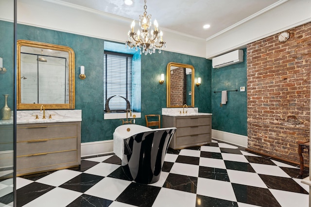 bathroom featuring crown molding, an AC wall unit, vanity, independent shower and bath, and brick wall