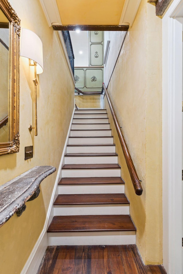 stairs with hardwood / wood-style flooring