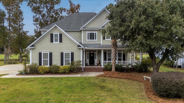 view of front of property featuring covered porch and a front lawn