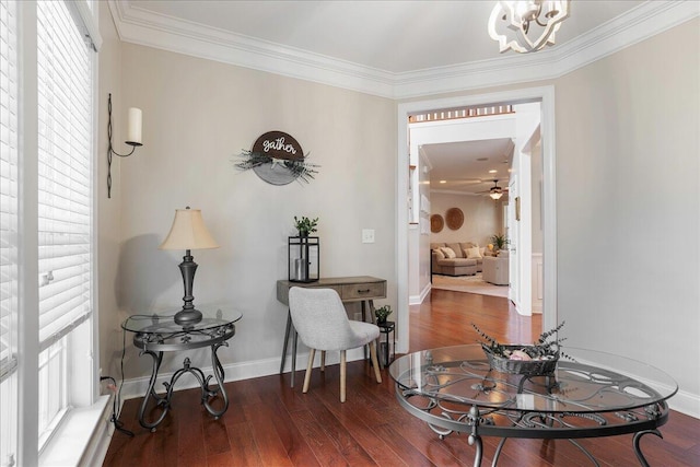 interior space featuring ornamental molding, ceiling fan with notable chandelier, and dark hardwood / wood-style flooring