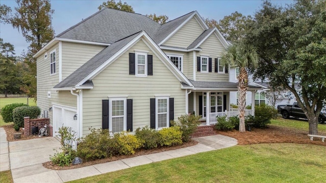 view of front of property with covered porch, a garage, and a front lawn