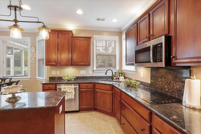 kitchen with sink, hanging light fixtures, stainless steel appliances, and a healthy amount of sunlight