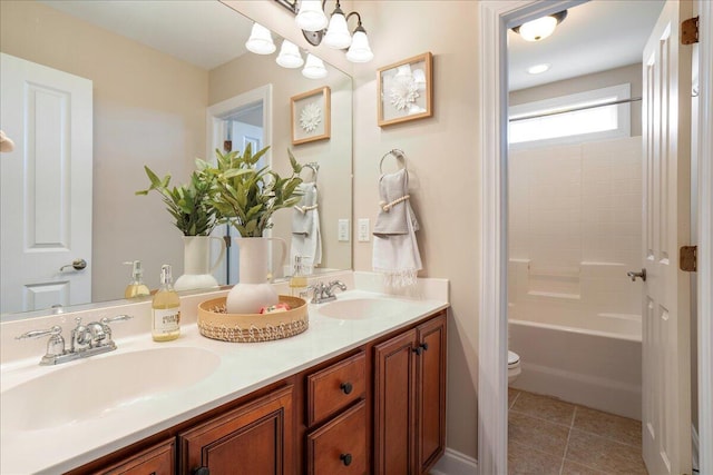 full bathroom featuring vanity, toilet, shower / washtub combination, and tile patterned flooring