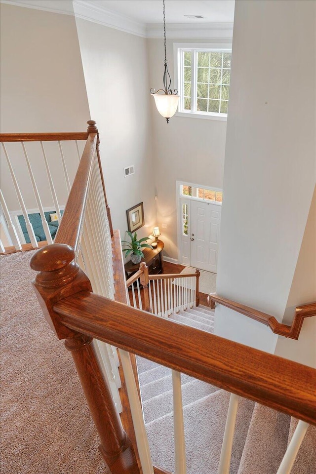 staircase with carpet and crown molding