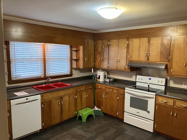 kitchen with crown molding, white appliances, sink, and exhaust hood