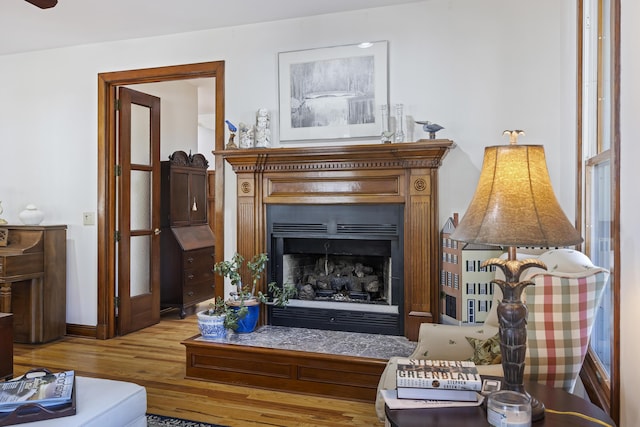 living area with baseboards, wood finished floors, and a fireplace