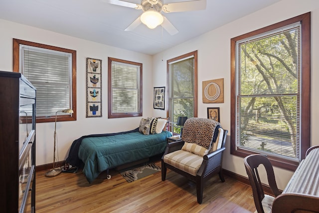 bedroom with baseboards, multiple windows, and wood finished floors