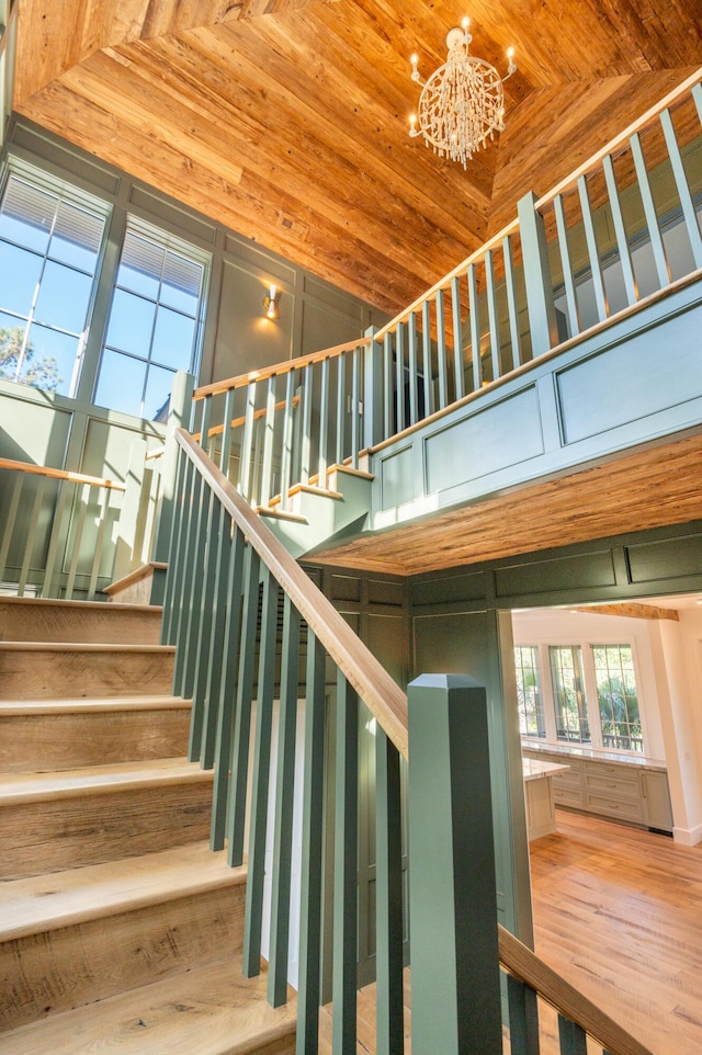 515 Claret Way, Kiawah Island, SC 29455 - stairway with a chandelier, wood finished floors, a high ceiling, and wood ceiling