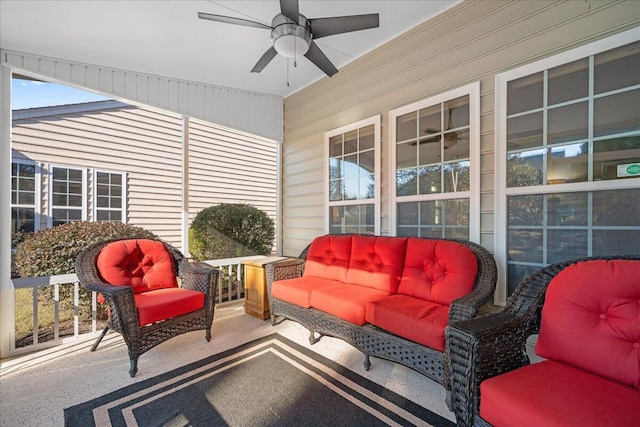 view of patio / terrace with a porch, an outdoor hangout area, and ceiling fan