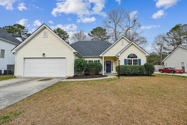 view of front facade featuring a front lawn, central AC unit, and a garage