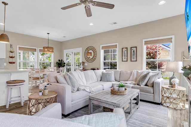 2961 Waterleaf Rd, Johns Island, SC 29455 - living area with light wood-type flooring, ceiling fan, and recessed lighting