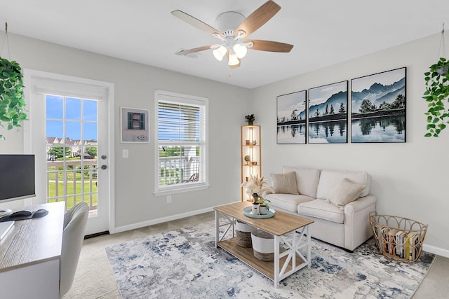2961 Waterleaf Rd, Johns Island, SC 29455 - living room featuring baseboards, ceiling fan, and carpet floors