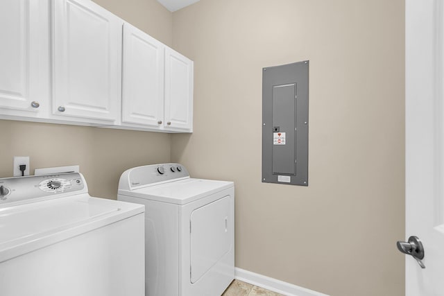 2961 Waterleaf Rd, Johns Island, SC 29455 - clothes washing area with cabinet space, electric panel, washer and dryer, light tile patterned floors, and baseboards