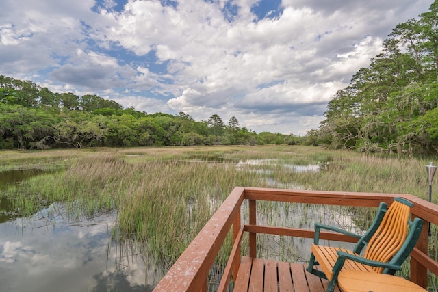 8346 Chisolm Plantation Rd, Edisto Island, SC 29438 - wooden deck featuring a water view and a wooded view