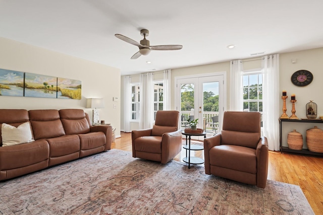 8346 Chisolm Plantation Rd, Edisto Island, SC 29438 - living area featuring a ceiling fan, wood finished floors, french doors, and recessed lighting