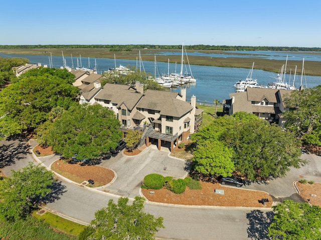 drone / aerial view featuring a water view