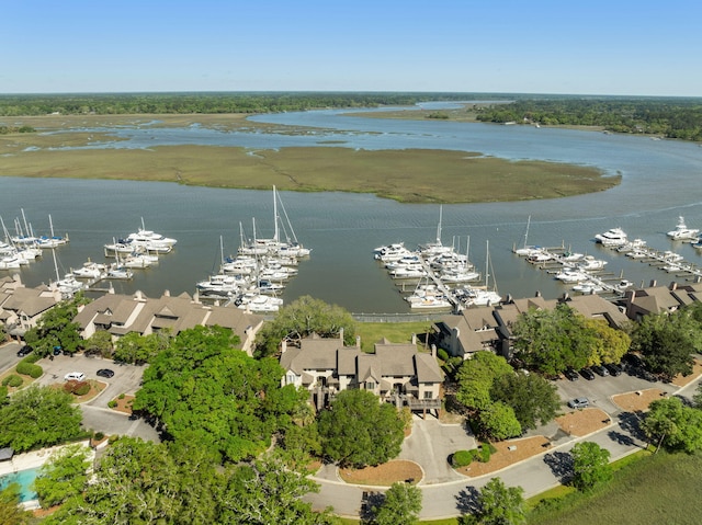 birds eye view of property featuring a water view