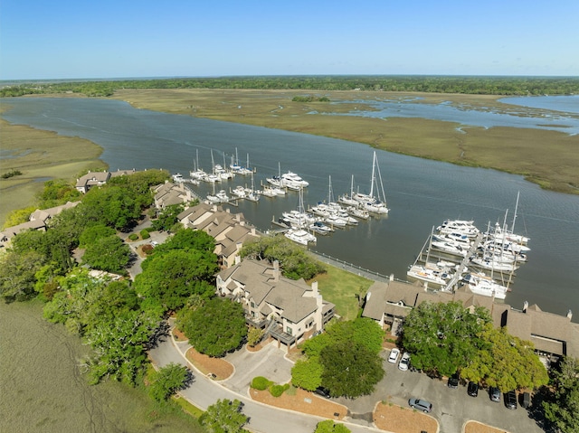 bird's eye view with a water view