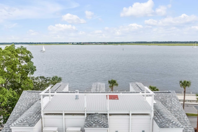 exterior space with a water view