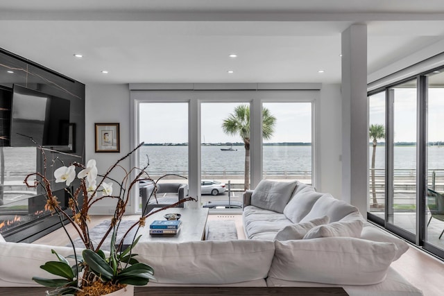 living room featuring a high end fireplace and a water view