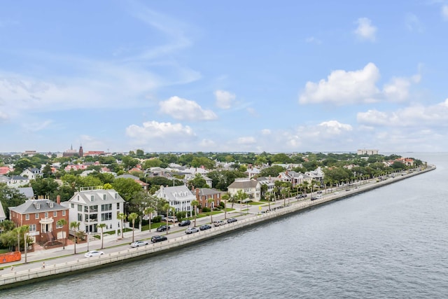 aerial view featuring a water view