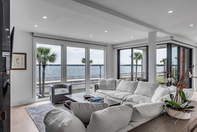 living room featuring a water view and light hardwood / wood-style floors