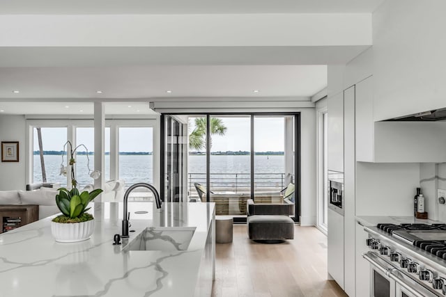 kitchen with light stone countertops, a water view, sink, and white cabinets