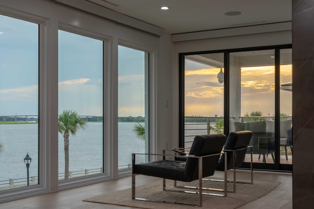 interior space with a water view and light wood-type flooring