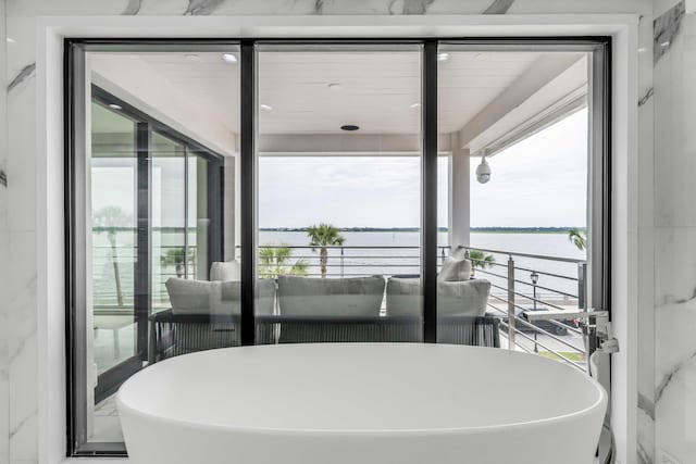 interior space with a water view