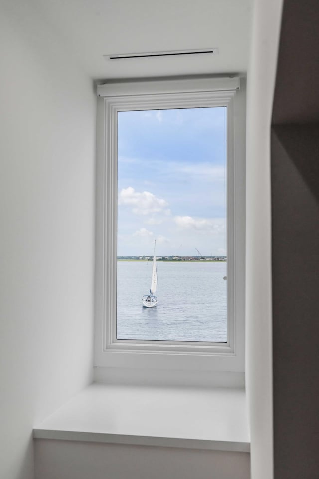 interior details with a water view