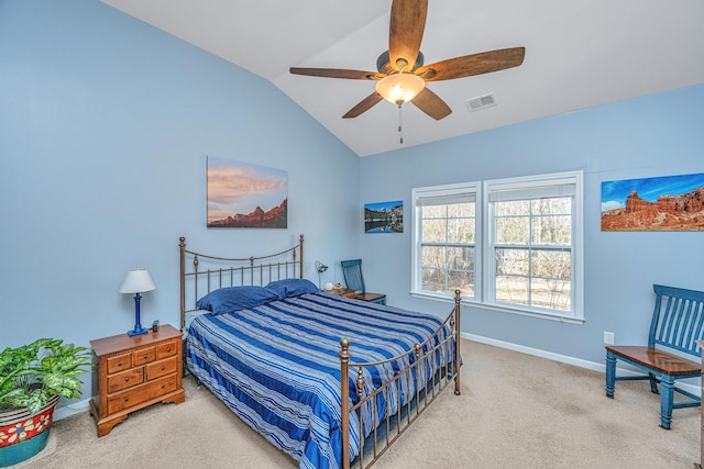 bedroom featuring ceiling fan, carpet, and lofted ceiling