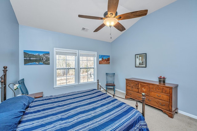 carpeted bedroom with ceiling fan and lofted ceiling