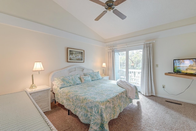 carpeted bedroom featuring a ceiling fan, visible vents, baseboards, vaulted ceiling, and access to exterior