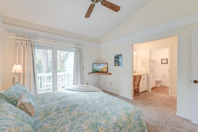 bedroom with light carpet, a ceiling fan, access to outside, connected bathroom, and lofted ceiling