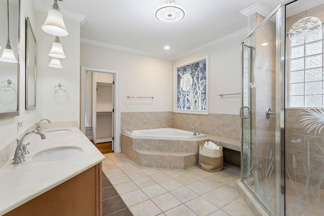 bathroom featuring vanity, plus walk in shower, and ornamental molding